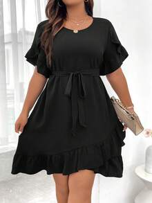 Celure Talla grande Vestido con cinturón ribete con fruncido - Negro - Ver 4