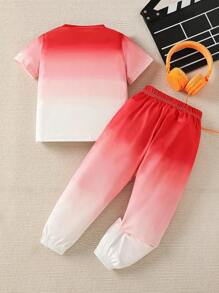 男小童漸層字母圖案T恤和運動褲 - 酒紅色 - 查看 2