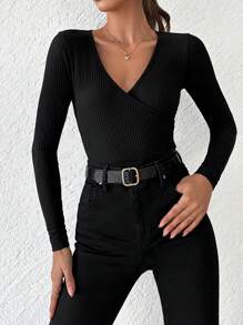 RueChic Top cu gât din tricot cu nervuri solide