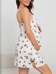 Moonlight&Mama 孕妇蝴蝶印花睡衣裙，撞色蕾丝吊带睡裙，适合妈妈