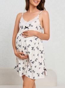 Moonlight&Mama 孕妇蝴蝶印花睡衣裙，撞色蕾丝吊带睡裙，适合妈妈