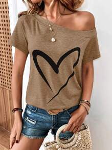 SHEIN LUNE Heart Print Asymmetrical Neck Tee - Coffee Brown - View 3