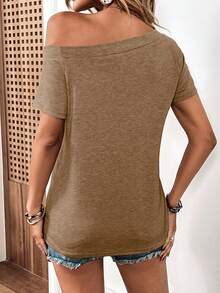 SHEIN LUNE Heart Print Asymmetrical Neck Tee - Coffee Brown - View 2