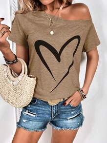 SHEIN LUNE Heart Print Asymmetrical Neck Tee - Coffee Brown - View 1