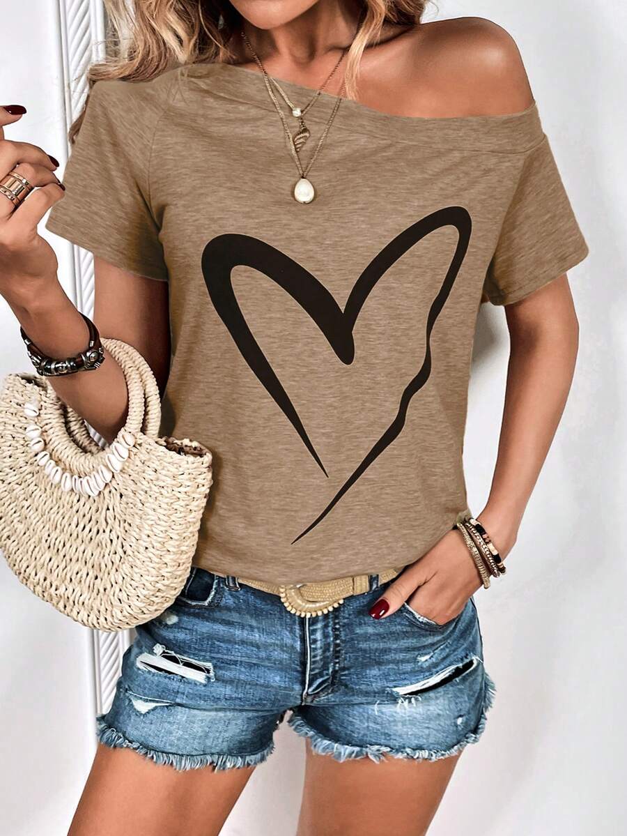 SHEIN LUNE Heart Print Asymmetrical Neck Tee - Coffee Brown - View 1