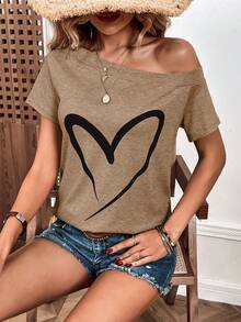 SHEIN LUNE Heart Print Asymmetrical Neck Tee - Coffee Brown - View 4