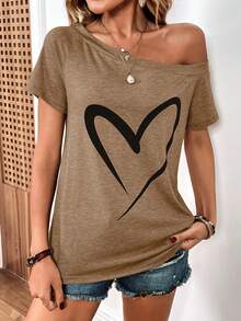 SHEIN LUNE Heart Print Asymmetrical Neck Tee - Coffee Brown - View 5