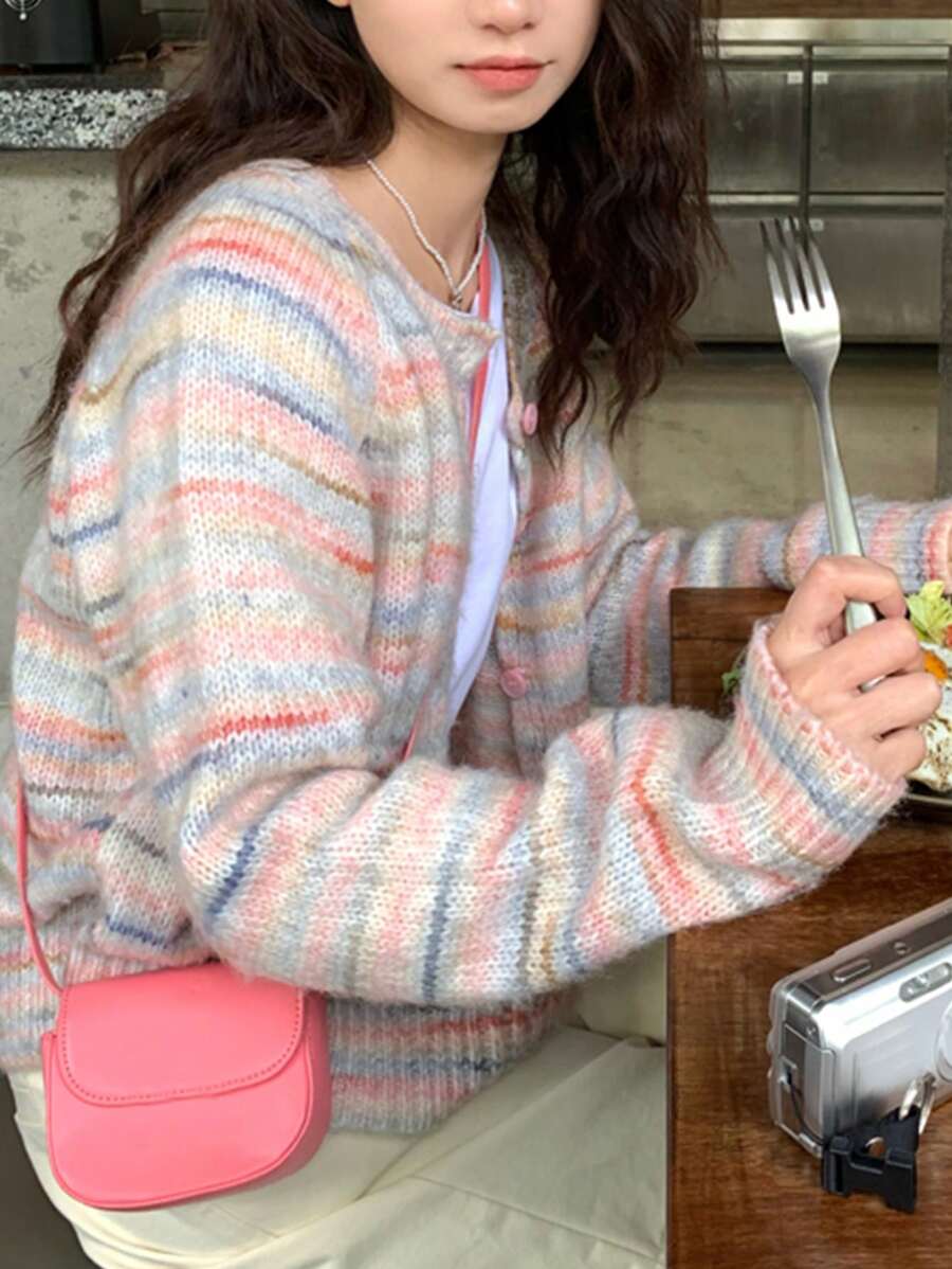 Striped Raglan Sleeve Cardigan,Long Sleeve Tops - Multicolor - View 1