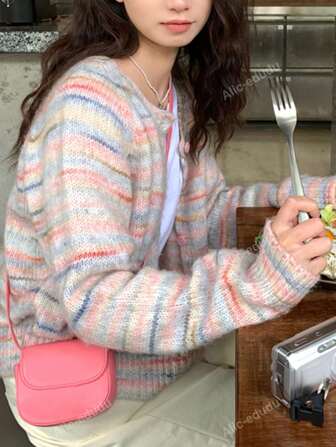 Striped Raglan Sleeve Cardigan,Long Sleeve Tops