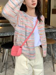Striped Raglan Sleeve Cardigan,Long Sleeve Tops - Multicolor - View 3
