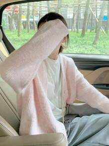 Solid Drop Shoulder Cardigan,Long Sleeve Tops - Pink - View 1