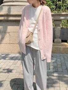 Solid Drop Shoulder Cardigan,Long Sleeve Tops - Pink - View 3
