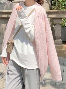 Solid Drop Shoulder Cardigan,Long Sleeve Tops - Pink - View 4