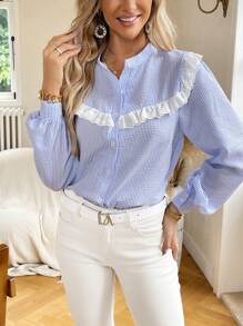 SHEIN Clasi In sọc Viền Ruffle Nút phía trước Áo sơ mi - Màu xanh lam - Xem 6