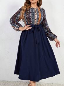 Hơn In Địa lý Tay áo lồng đèn Váy có thắt lưng - Màu xanh lam - Xem 1