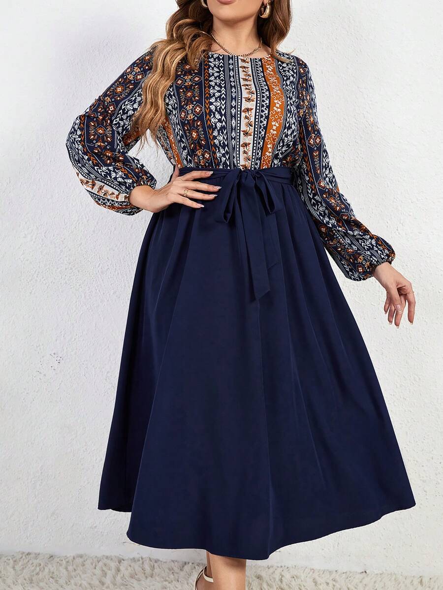 Hơn In Địa lý Tay áo lồng đèn Váy có thắt lưng - Màu xanh lam - Xem 1