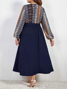 Hơn In Địa lý Tay áo lồng đèn Váy có thắt lưng - Màu xanh lam - Xem 2