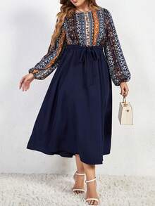 Hơn In Địa lý Tay áo lồng đèn Váy có thắt lưng - Màu xanh lam - Xem 4