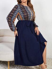 Hơn In Địa lý Tay áo lồng đèn Váy có thắt lưng - Màu xanh lam - Xem 5