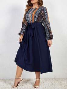 Hơn In Địa lý Tay áo lồng đèn Váy có thắt lưng - Màu xanh lam - Xem 6