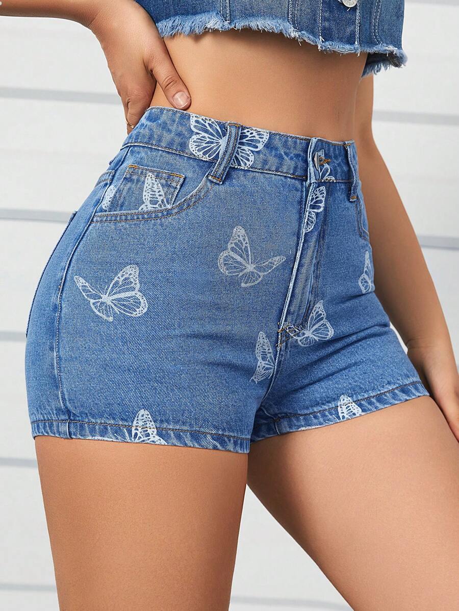 Shorts en mezclilla con estampado de mariposa - Azul lavado medio - Ver 1