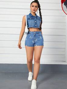 Shorts en mezclilla con estampado de mariposa - Azul lavado medio - Ver 3