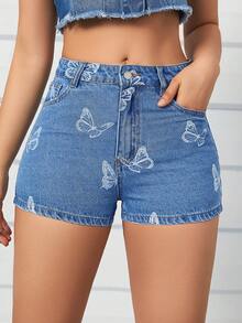 Shorts en mezclilla con estampado de mariposa - Azul lavado medio - Ver 4