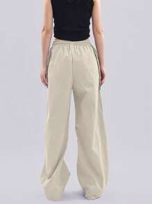 Women's Drawstring Waist Pocket Patchwork Casual Sports Pants - Beige - View 2