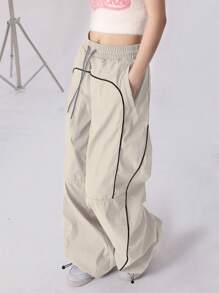 Women's Drawstring Waist Pocket Patchwork Casual Sports Pants - Beige - View 3