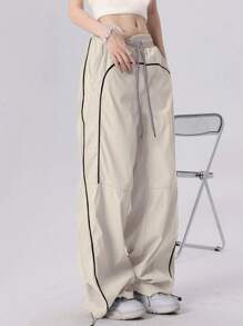 Women's Drawstring Waist Pocket Patchwork Casual Sports Pants - Beige - View 5