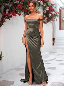 LOVE&LEMONADE Off-Shoulder Slit Thigh Satin Mermaid Party Dress - Army Green - View 9