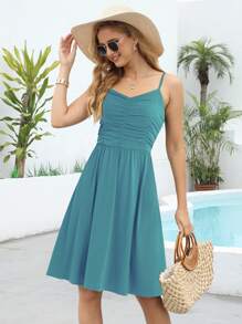 Solid Ruched Cami Dress - Cadet Blue - View 1