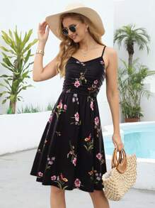 Floral Print Ruched Front Cami Dress - Black - View 1