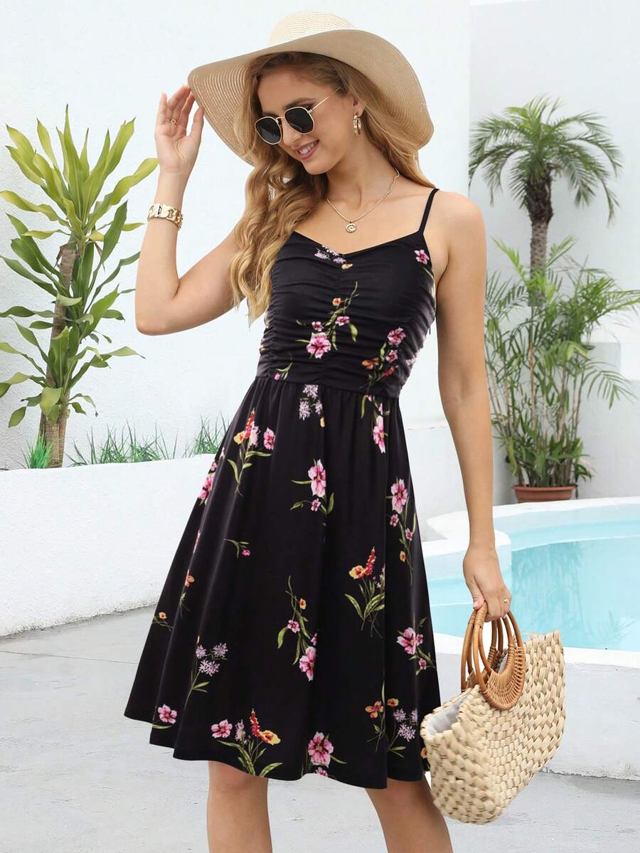 Floral Print Ruched Front Cami Dress - Black - View 1