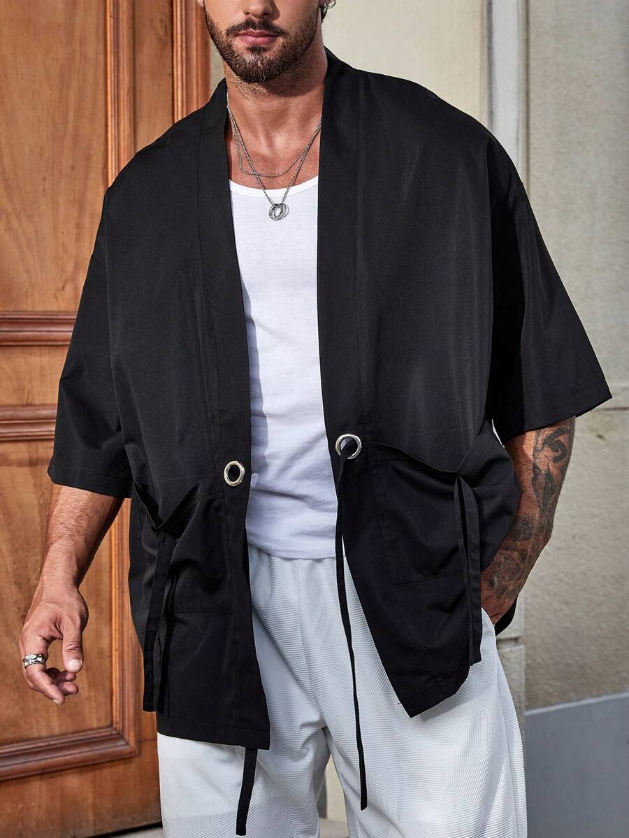 Manfinity Hombres Kimono unicolor con doble bolsillo - Negro - Ver 1