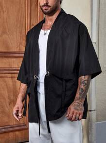 Manfinity Hombres Kimono unicolor con doble bolsillo - Negro - Ver 3