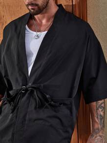 Manfinity Hombres Kimono unicolor con doble bolsillo - Negro - Ver 6