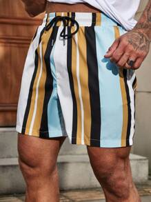 Manfinity RSRT 男士條紋圖案腰部抽繩短褲 - 彩色 - 查看 1