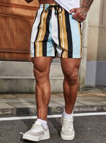 Manfinity RSRT 男士條紋圖案腰部抽繩短褲 - 彩色 - 查看 4