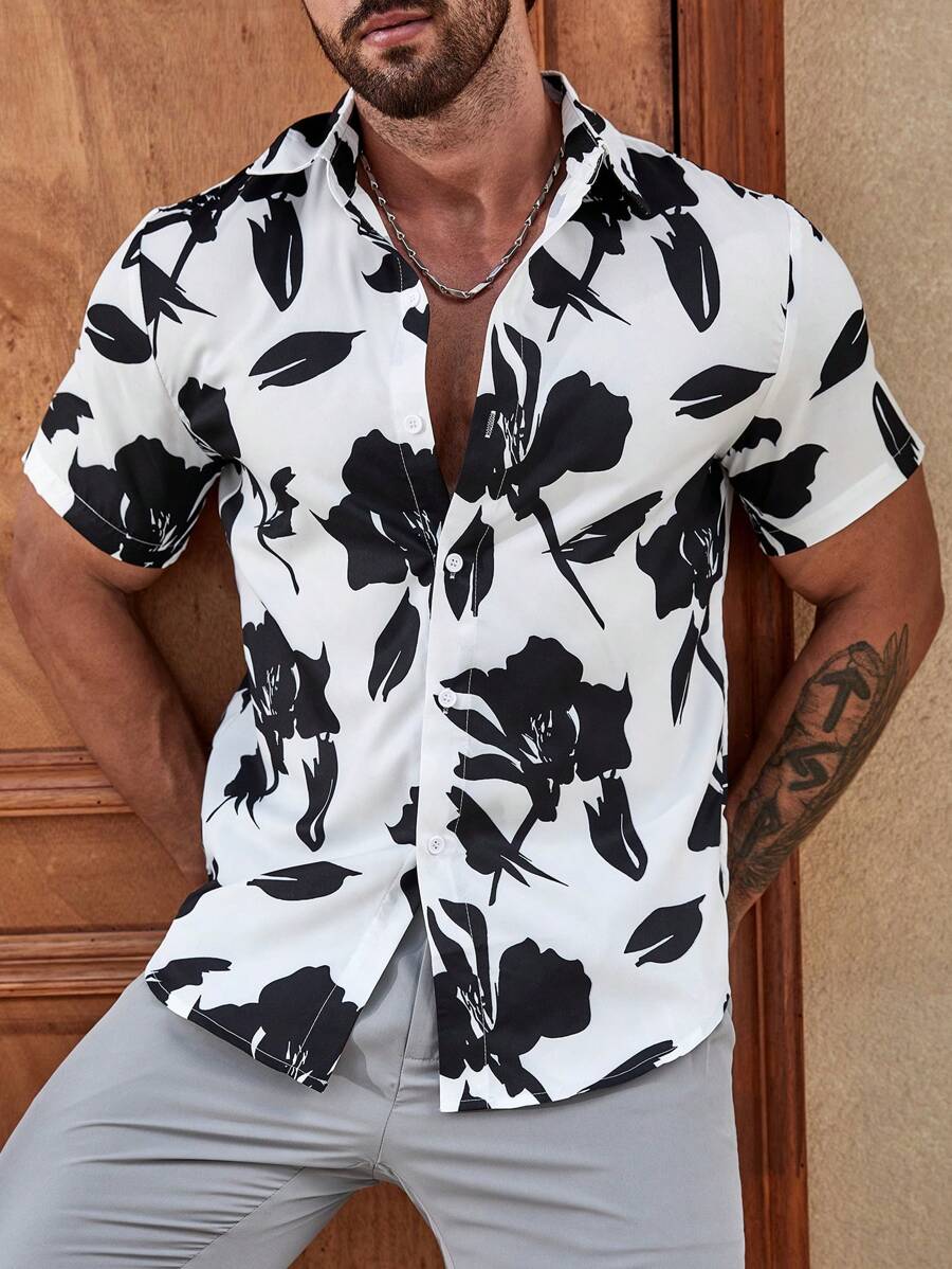 Manfinity RSRT 男士印花襯衫 - 黑與白 - 查看 1