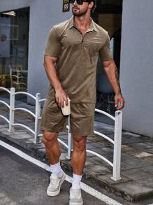 Manfinity Homme Men Pocket Patched Polo Shirt & Shorts - Brown - View 5