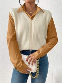 SHEIN LUNE Solid Ribbed Knit Sweater Vest Without Blouse - Apricot - View 3