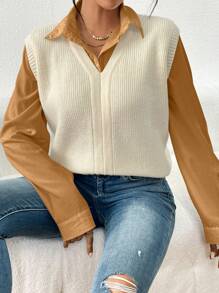 SHEIN LUNE Solid Ribbed Knit Sweater Vest Without Blouse - Apricot - View 6