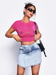 SHEIN EZwear 毛邊牛仔半身裙 - 淺色水洗藍 - 查看 3