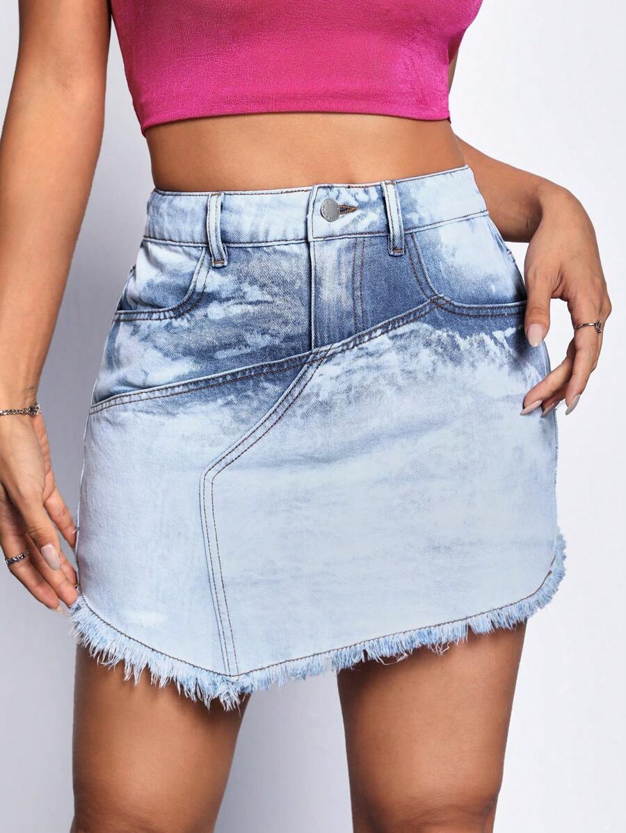 SHEIN EZwear 毛邊牛仔半身裙 - 淺色水洗藍 - 查看 1