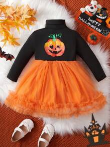 SHEIN 女嬰萬聖節南瓜圖案網紗邊連衣裙 - 彩色 - 查看 1