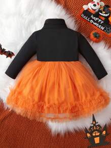 SHEIN 女嬰萬聖節南瓜圖案網紗邊連衣裙 - 彩色 - 查看 2
