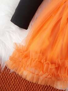 SHEIN 女嬰萬聖節南瓜圖案網紗邊連衣裙 - 彩色 - 查看 4