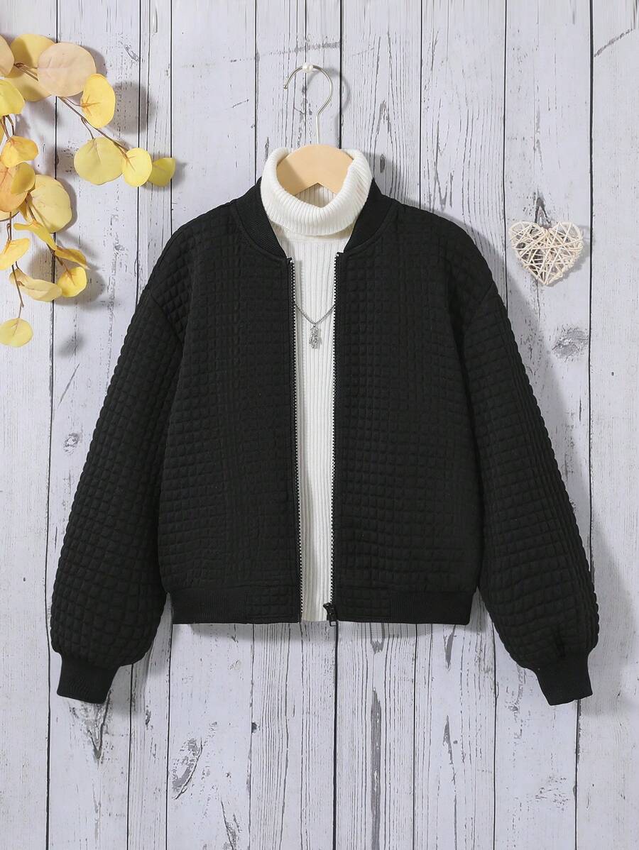 SHEIN 女大童1入組落肩袖飛行員夾克 - 黑色 - 查看 1