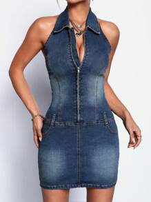 SHEIN ICON Zip Up Halter Neck Backless Denim Dress Without Belt - Dark Wash - View 3